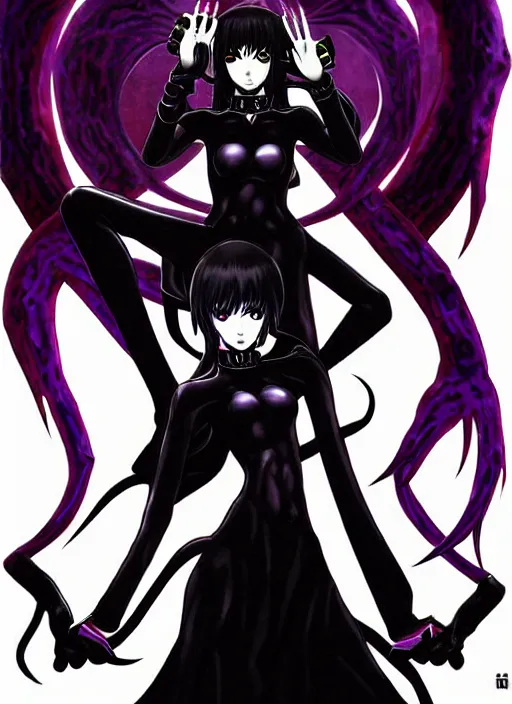 Image similar to shin megami tensei art of a demon called goth girlfriend, art by kazuma kaneko, demonic! compedium!, digital drawing, white background, very high quality, very highly detailed