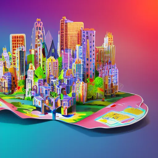 Prompt: A story book with pop up cities on its pages. 3D Render, colorful, magical.