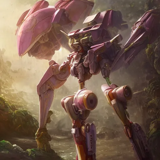 Prompt: futuristic nymphaea mecha waterlily upper body, sepals forming helmet, floral details, nymphaea, 8 k hd resolution, barbatos gundam with floral inlay, mecha box art, star wars, makoto kobayashi, frank gehry, raymond swanland