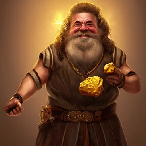 Image similar to symmetrical portrait of a happy dwarf showing off the giant gold nugget, realistic, beautiful, fantasy art, dnd, lord of the rings, style of charlie bowater, concept art, sharp focus, ray tracing