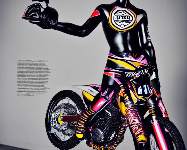 Image similar to extremely beautiful black marble statue with colorful motocross logos behind her, sharp focus, clear, detailed,, cinematic, detailed, off white, glamourous, symmetrical, vogue, editorial, fashion, magazine shoot, glossy