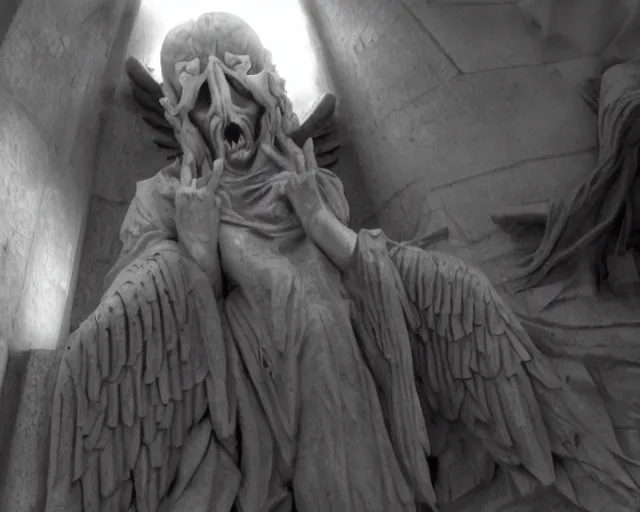 Image similar to camera footage of weeping angels with horns, Russian Cultist, False Human Features, Diablo 3, abandoned shopping mall, Psychic Mind flayer, Terrifying, Insanity :7 , high exposure, dark, monochrome, camera, grainy, CCTV, security camera footage, timestamp, zoomed in, Feral, fish-eye lens, Fast, Radiation Mutated, Nightmare Fuel, Ancient Evil, No Escape, Motion Blur, horrifying, lunging at camera :4 bloody dead body, blood on floors, windows and walls :5