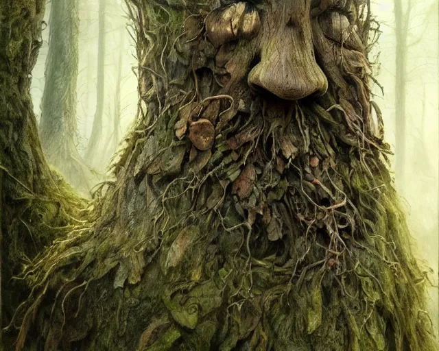 Image similar to a talking tree, a face in the bark, nose made of wood, mouth in the bark, eyes in the bark, fantasy concept art, digital oil painting, hyperrealistic, treebeard, ent, magical, highly detailed, artstation, cgsociety, in the forest, by alan lee, by artgerm