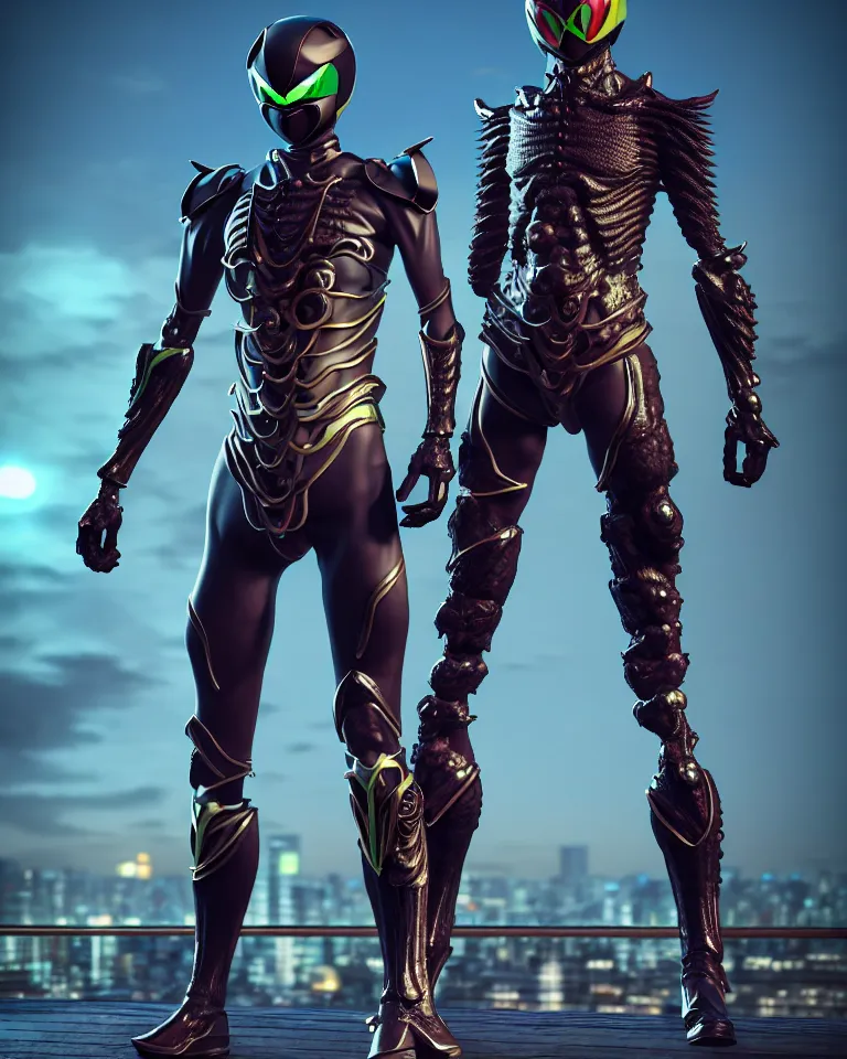 Image similar to kamen rider big belt hero sction pose, full body portrait, human structure bee concept art, human anatomy, intricate detail, hyperrealistic art and illustration by irakli nadar and alexandre ferra, blurry and sharp focus, on future tokyo night rooftop, unreal 5 engine highlly render, global illumination