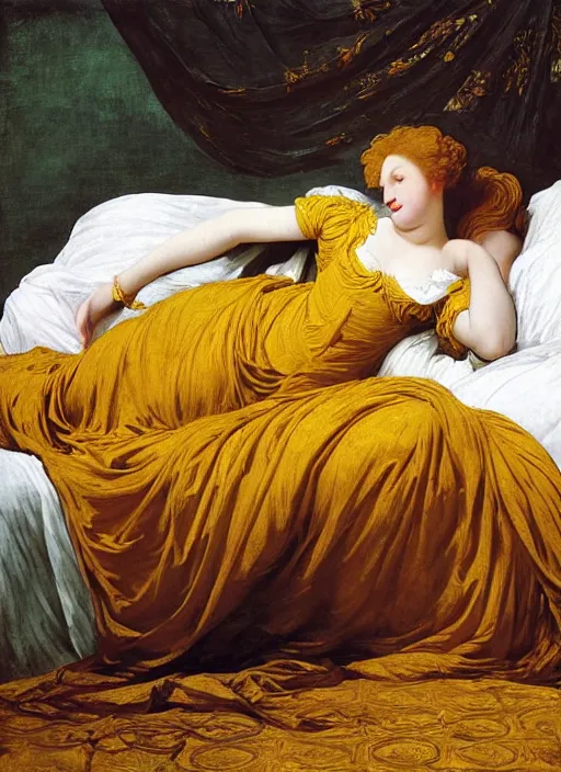 Image similar to masterpiece portrait of lady reclining on bed, rococo flowing cloth in wind raising twisting rising sheets floating in wind flying, wearing yellow ochre ornate medieval dress, vertical, foreshortening, colour photography by frederic leighton, william morris, 8 k