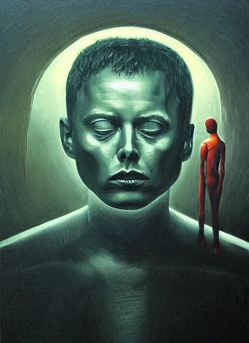 Image similar to A painting in a style of Beksinski featuring Elon Musk. Very detailed, symmetry