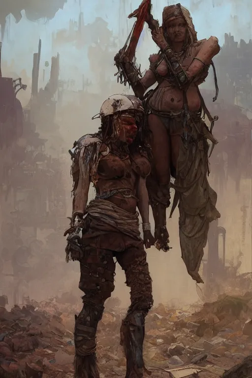 Image similar to a full body portrait of a beautiful post apocalyptic offworld miners quarter bedouin blind pulp fiction scarlet wild rogue barbarian leper begging by the roadside, intricate, elegant, highly detailed, digital painting, artstation, concept art, smooth, sharp focus, illustration, art by krenz cushart and artem demura and alphonse mucha