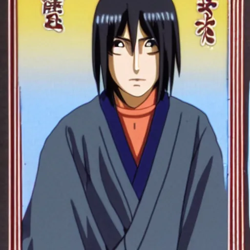 Prompt: Itachi Uchiha, Yearbook Photo of 1979