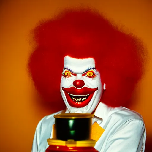 Prompt: A dramatic low-angle portrait of Ronald McDonald, horror film lighting, red hues, F 2.8, 85mm Velvia 100, low ISO, by Terry Richardson