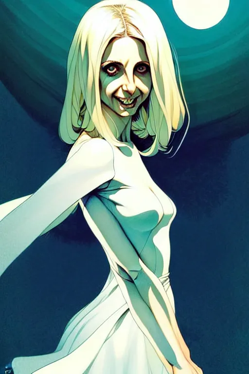 Prompt: artgerm, joshua middleton comic cover art, pretty ghost sarah michelle gellar entire full body, floating, creepy smile, white dress, friendly, translucent skin, symmetrical eyes, symmetrical face, long white hair, inside haunted house