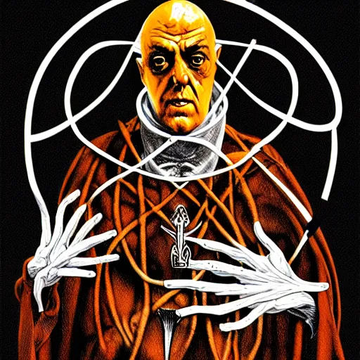 Prompt: graphic illustration, creative design, aleister crowley, biopunk, francis bacon, highly detailed, hunter s thompson, concept art