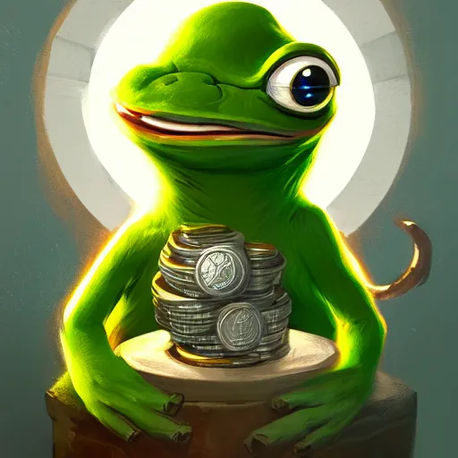 Image similar to super rich happy pepe in the vault, luxury, treasury, coins, money, hyper detalied, blue crystals, greg rutkowski, artstation