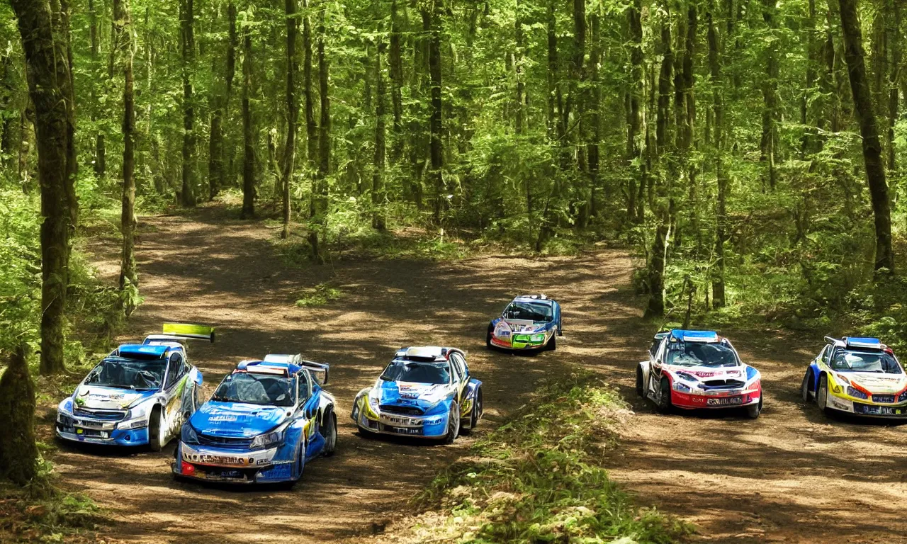 Image similar to 3 rally cars racing through a forest with a river behind them, sun shining through the trees, water colour,