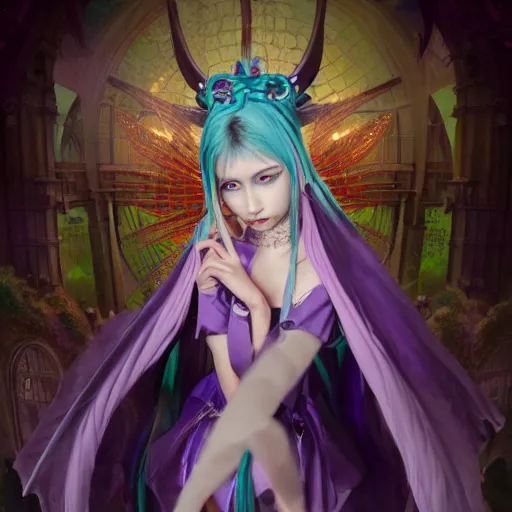 Image similar to an extremely detailed matte painting hatsune miku as a demon queen in a resplendant and beautiful purple dress as a masquerade ball, epic fantasy, viewed in profile from far away, sharp focus, detailed face, art by greg rutkowski and alphonse mucha, volumetric lighting, 4 k resolution, artstation