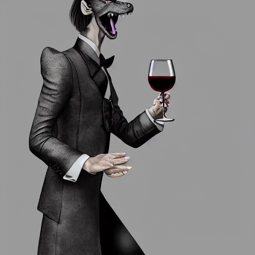 Image similar to portait drawing of a dragon male wearing tuxedo holding a 🍷, digital art, digital painting, masterpiece, elegant, hyper realistic, award winning, 8 k, behance, artstation, unreal engine 5, octane render, masterpiece, sharp focus, intricate, ornate