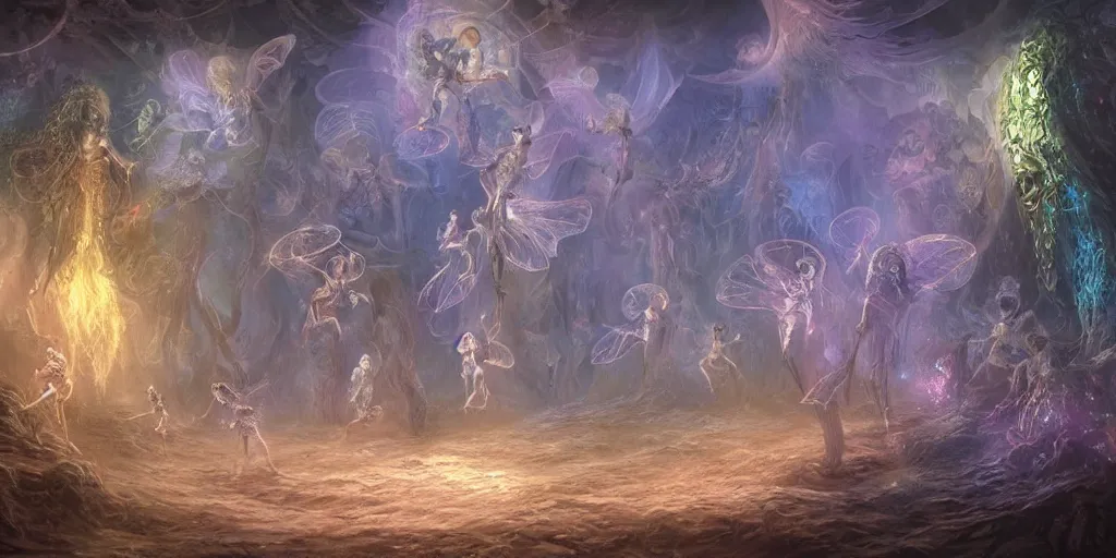 Prompt: concept art of translucent glowing fairies dancing, lovecraftian, renaissance, melting, round moons, rich clouds, fighting the horrors of the unknown, very detailed, volumetric light, mist, fine art, decaying, textured oil over canvas, epic fantasy art, very colorful, ornate intricate scales, floor of skulls, fractal gems