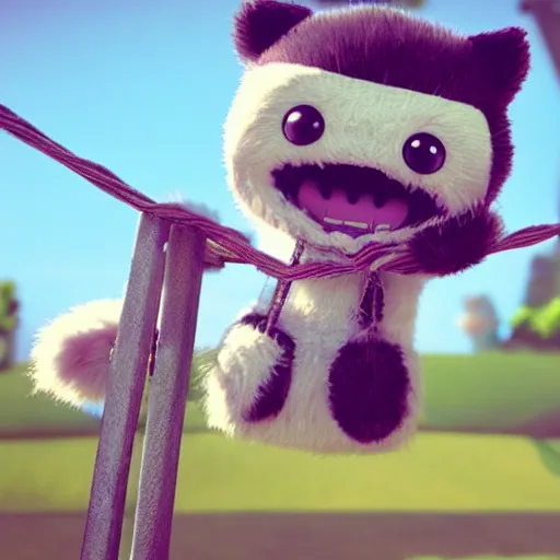 Prompt: a still from the game Little Big Planet, of a cute furry striped white-colored monster, enjoying while sitting on a swing in the middle of a park, facing towards the camera, dramatic lighting, by Victor Hugo, octane render, unreal engine, eye detailing, full-shot, very, very, very, very cute photo