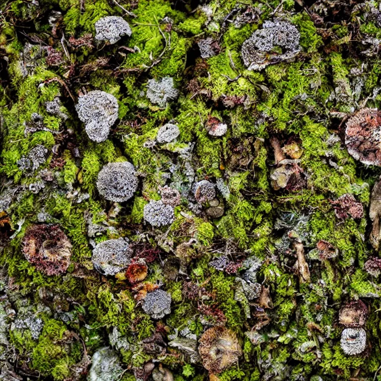 Image similar to a drawn picture lichens and moss close-up various fungus, mushrooms and plants, Atmospheric phenomenon, artistic photography, muted colors, conceptual, long exposure outside the city