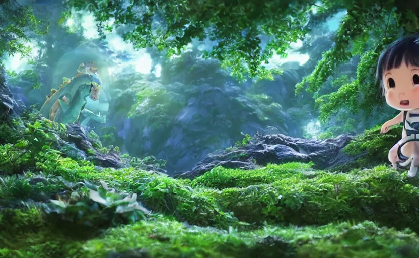 Image similar to a still of a cute adorable tiny astronaut, on a planet of lush foliage, with an enormous kaiju dragon surrounding, magical forest, sharp focus, neon backlit, highly detailed, disney pixar studio ghibli makoto shinkai, digital painting, matte, octane render, global illumination, iridescent, anime, 8 k concept art