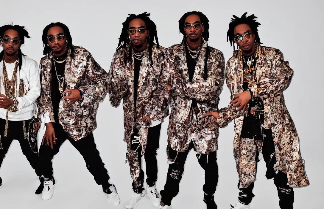 Prompt: photo of the rap group migos members quavo, offset and takeoff, product shot, macro, hyper realistic, 4 k, 8 k