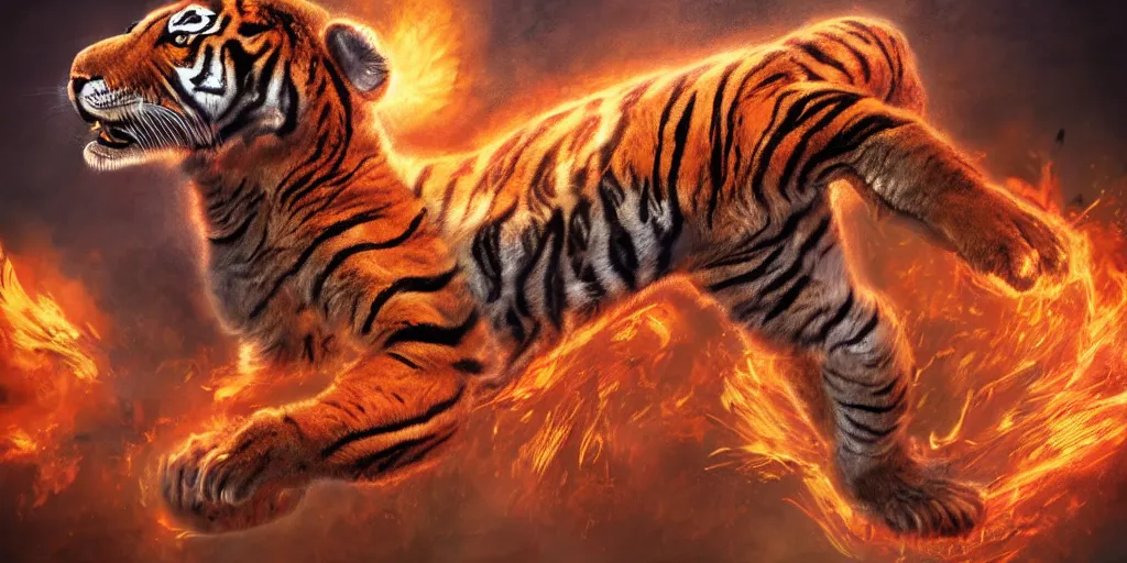 Prompt: a circus tiger jumping through a ring of fire, face shot, realism, trending on Artstation