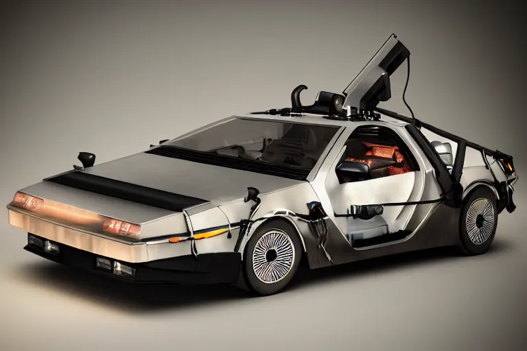 Prompt: photorealistic delorean made out of beef, volumetric lighting, cinematic