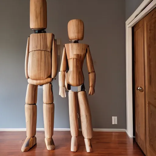 Image similar to a real estate home interior photo. a wooden mannequin family,