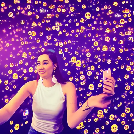 Prompt: a high definition picture of a female influencer taking a selfie with graphical emoticons floating in the air