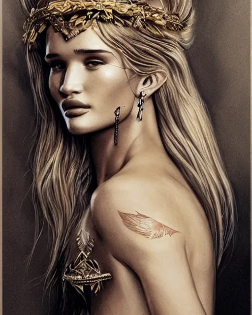 Image similar to realism tattoo sketch of rosie huntington - whiteley as a beautiful greek goddess aphrodite with piercing eyes wearing a laurel wreath and triangle earrings, in the style of greg rutkowski, amazing detail