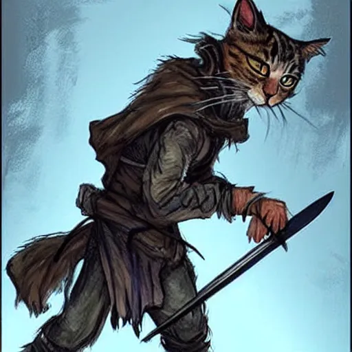 Prompt: humanoid homeless cat wielding a sword and wearing rags, concept art, d & d, fantasy