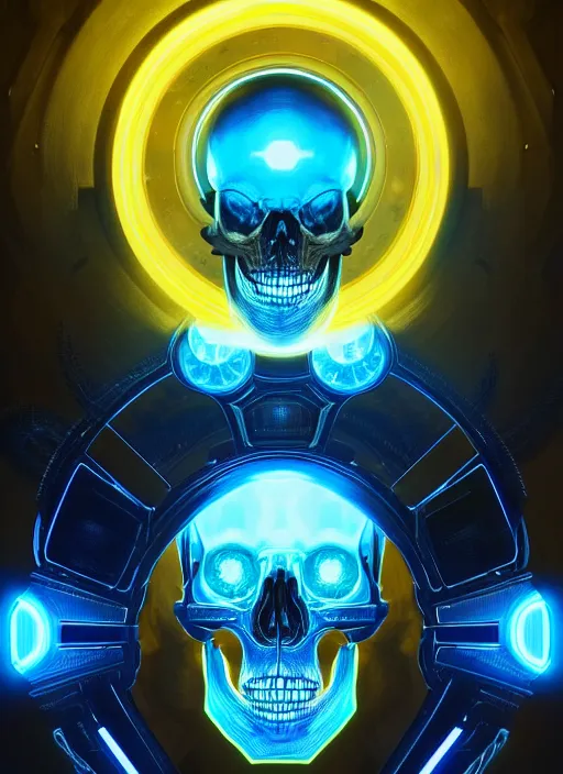 Image similar to symmetry!! portrait of a skull, sci - fi, tech wear, blue and yellow glowing lights!! intricate, elegant, highly detailed, digital painting, artstation, concept art, smooth, sharp focus, illustration, art by artgerm and greg rutkowski and alphonse mucha