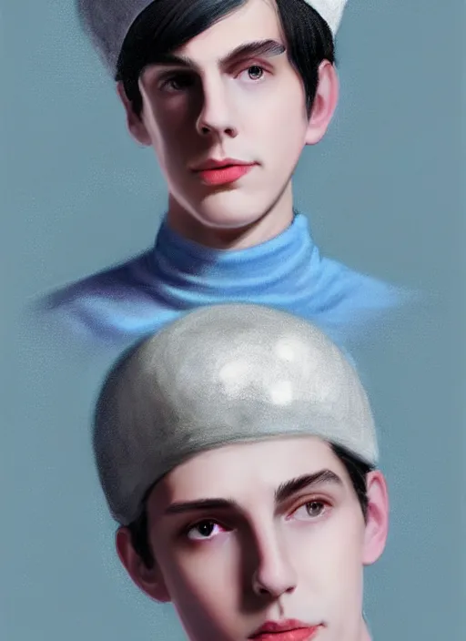 Image similar to portrait of teenage jughead jones wearing a light grey crown, crown, blue turtleneck, 1 9 5 0 s, closed eyes, photorealistic, black hair, glowing lighting, intricate, elegant, glowing lights, highly detailed, digital painting, artstation, concept art, smooth, sharp focus, illustration, art by wlop, mars ravelo and greg rutkowski