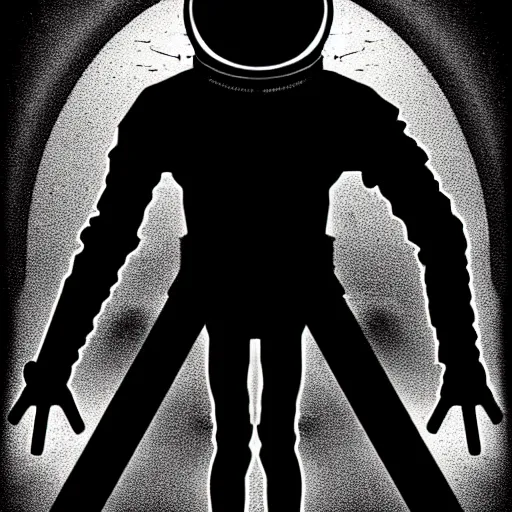Prompt: full-body dark creepy gothic retro illustration realism a decapitated astronaut with futuristic elements. he welcomes you under with no head, empty helmet inside is occult mystical symbolism headless full-length view. standing on ancient altar eldritch energies disturbing frightening, award winning digital illustration hyper realism, 8k, depth of field, 3D