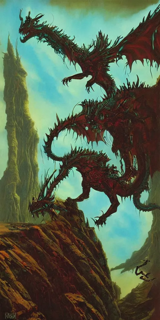 Image similar to a relaxing epic oil painting of a cyberpunk dragon by roger dean in the style of romanticism art, 8 k