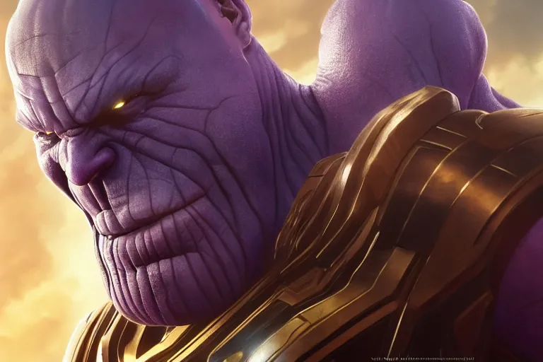 Image similar to Thanos smirking while clenching his fist, trending on Artstation, highly detailed, HD wallpaper, 4k, photorealistic, digital art, art by artgerm and Greg Rutkowski and Alphonse Mucha