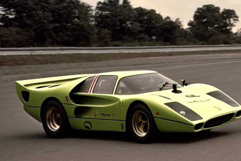 Image similar to vintage archival race footage of a single 1965 Ferrari F40, with elements of the De Tomaso Pantera, Lotus, GT40, BMW M1, and Countach, movie still, speed, cinematic Panavision 5384 film