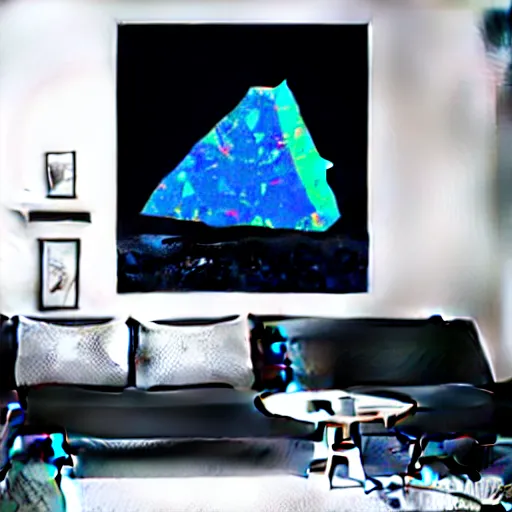 Image similar to a giant gemstone mineral in a dark blank room with Opal gemstone, professional digital matte painting.