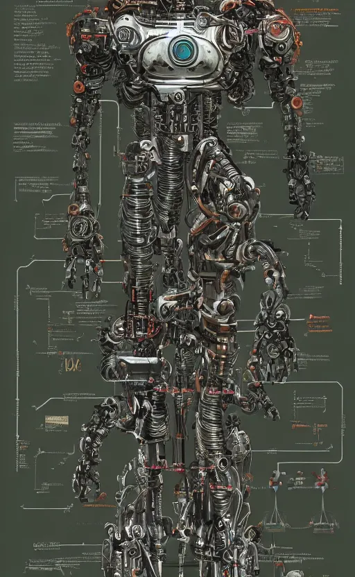 Image similar to anatomy of the terminator, robot, cyborg, t100, diagrams, mystical, intricate ornamental tower floral flourishes, technology meets fantasy, map, infographic, concept art, art station, style of wes anderson