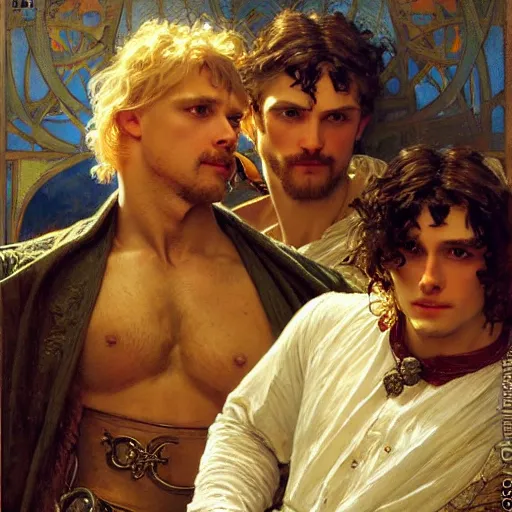 Image similar to manly arthur pendragon and manly merlin. focus on their faces. natural lighting. highly detailed painting by gaston bussiere, j. c. leyendecker, alphonse mucha, greg rutkowski, 8 k