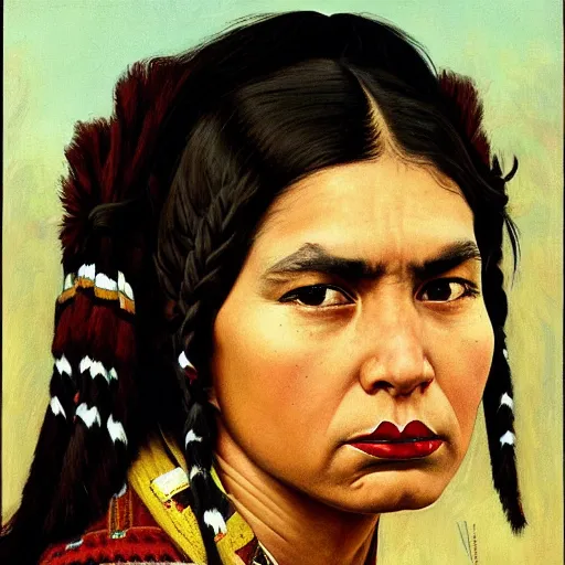 Image similar to head and shoulders portrait of young native american woman, fierce, snarling, clothed, three quarter profile, norman rockwell, ryan pancoast
