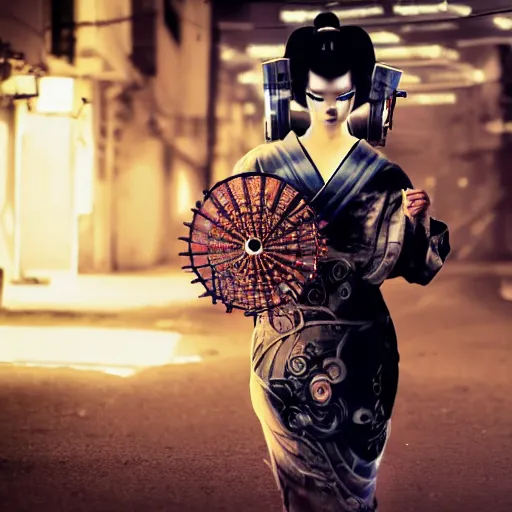 Image similar to a hyper realistic stunningly cyborg tradition geisha photograph, covering face with a intricate sci - fi fan, in a dark street, metal gear solid, dark moody backlighting, ray tracing, octane render,