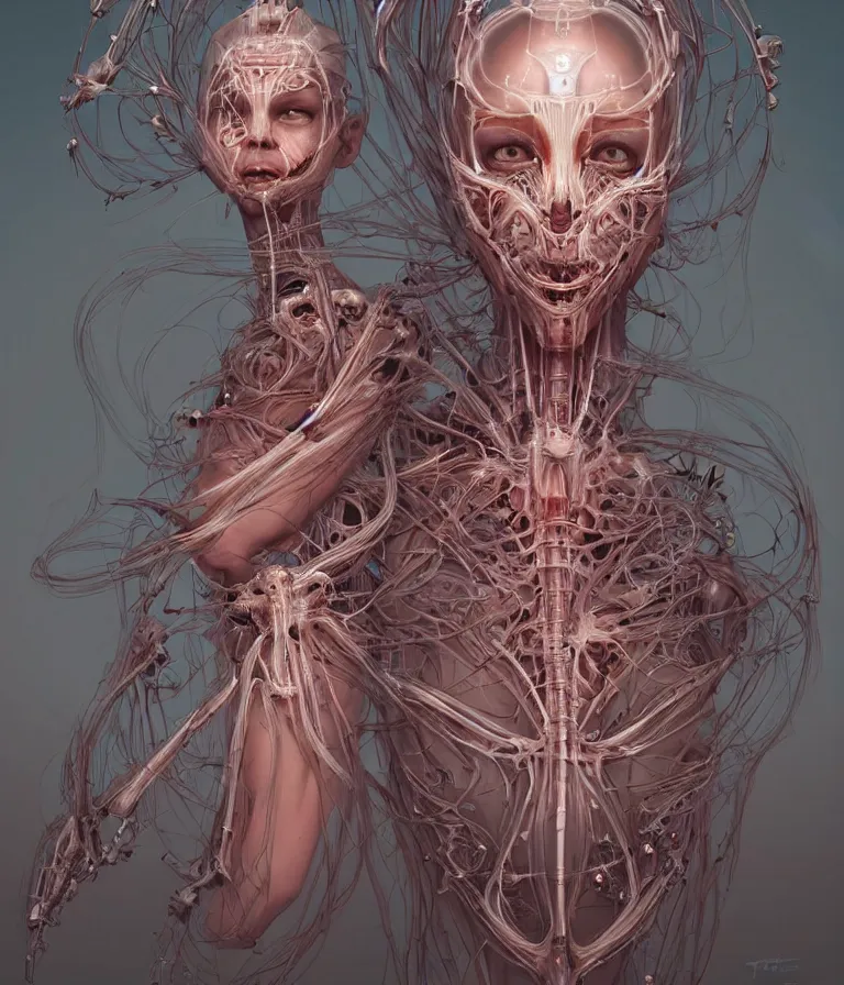 Image similar to fully symmetrical centered portrait of a beautiful princess in robe. artificial muscles, ribcage, bones, hard surface modelling. cyberpunk look. biomechanical mask. bio luminescent biomechanical halo around head. jellyfish. artwork by jarold Sng by artgerm, by Eddie Mendoza, by Peter mohrbacher by tooth wu, unreal engine, octane render, cinematic light, iridescent details, iridescent colors, dichroic, macro, depth of field, blur