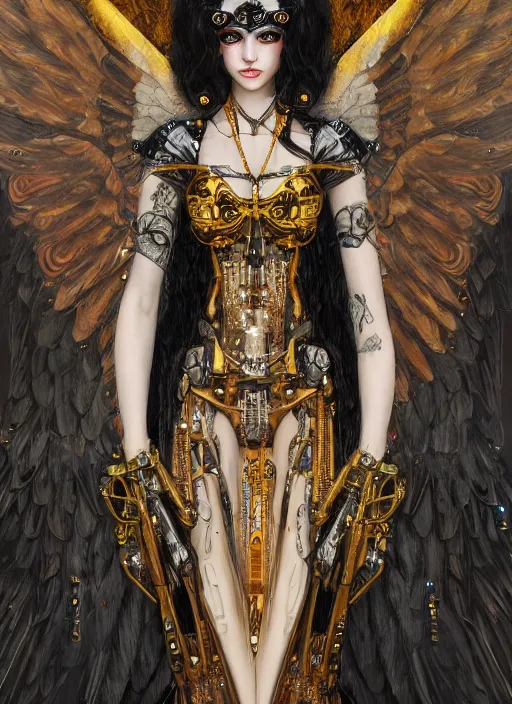 Prompt: portrait of cute beautiful young goth angel maiden with mechanical wings, cyberpunk, Warhammer 40000, gothic, highly detailed, artstation, illustration, art by Gustav Klimt