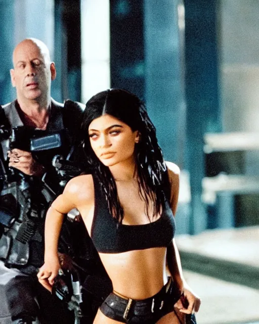 Image similar to film still of kylie jenner as bruce willis in die hard