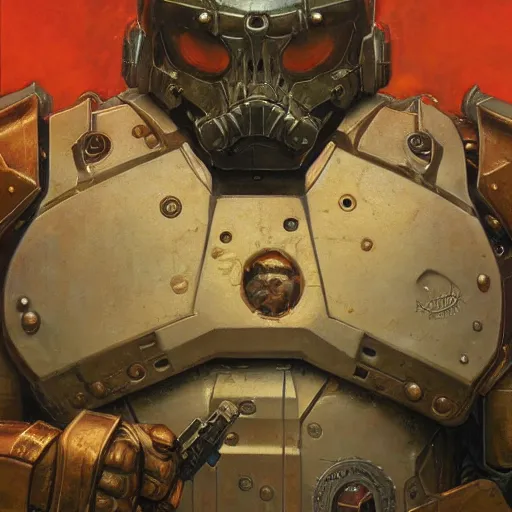 Image similar to the doomslayer, closeup portrait art by norman rockwell and donato giancola and greg rutkowski