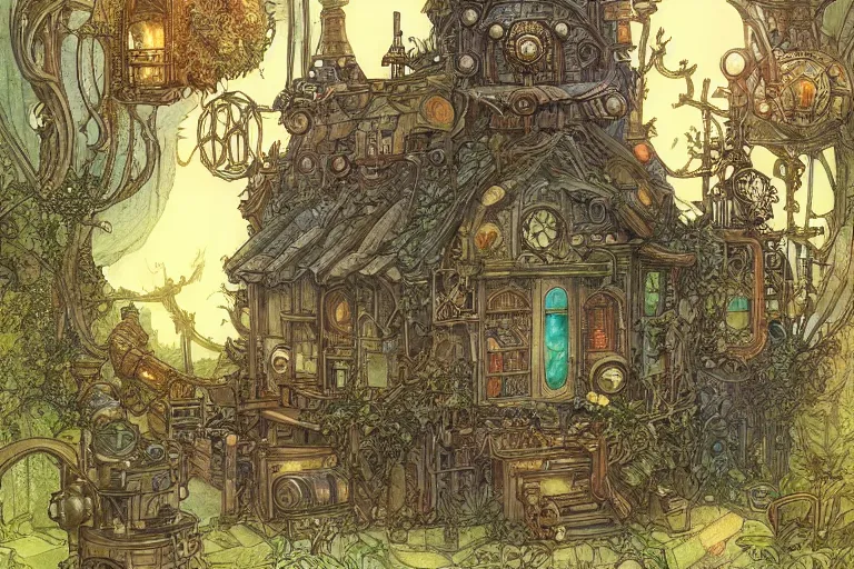 Prompt: very tidy steampunk home office overseeing a magical portal, lush plants, machines, synthesizer, beautifully lit, by Rebecca Guay, high resolution, trending on artstation