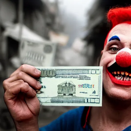 Image similar to A clown holding a dollar banknote, background is a slum, cinematic, epic, highly-detailed, photo realistic