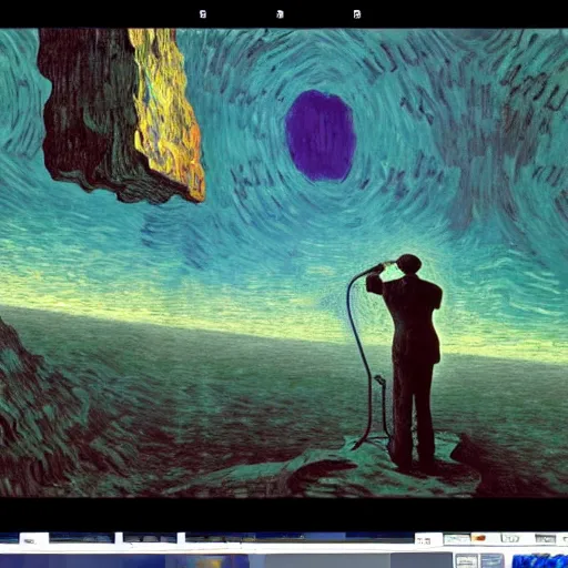 Image similar to A man programs A.I. on a laptop in a climbing gym - award-winning digital artwork by Salvador Dali, Beksiński, Van Gogh and Monet. Stunning lighting