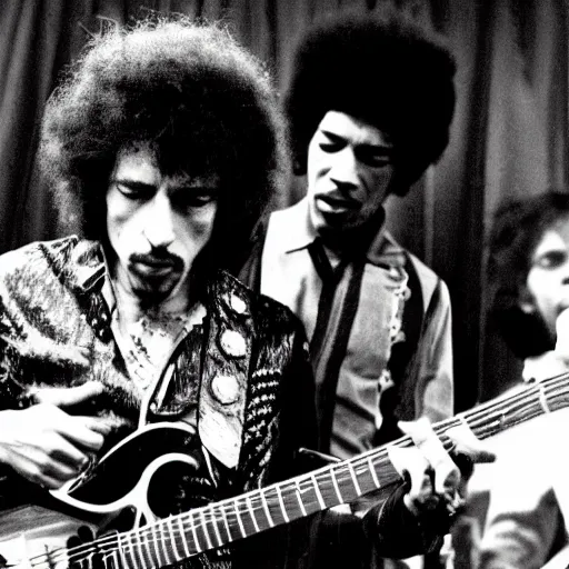 Image similar to bob dylan playing with jimi hendrix, photograph