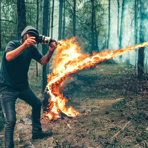 Image similar to a photo of jovanotti burn a forest with flamethrower